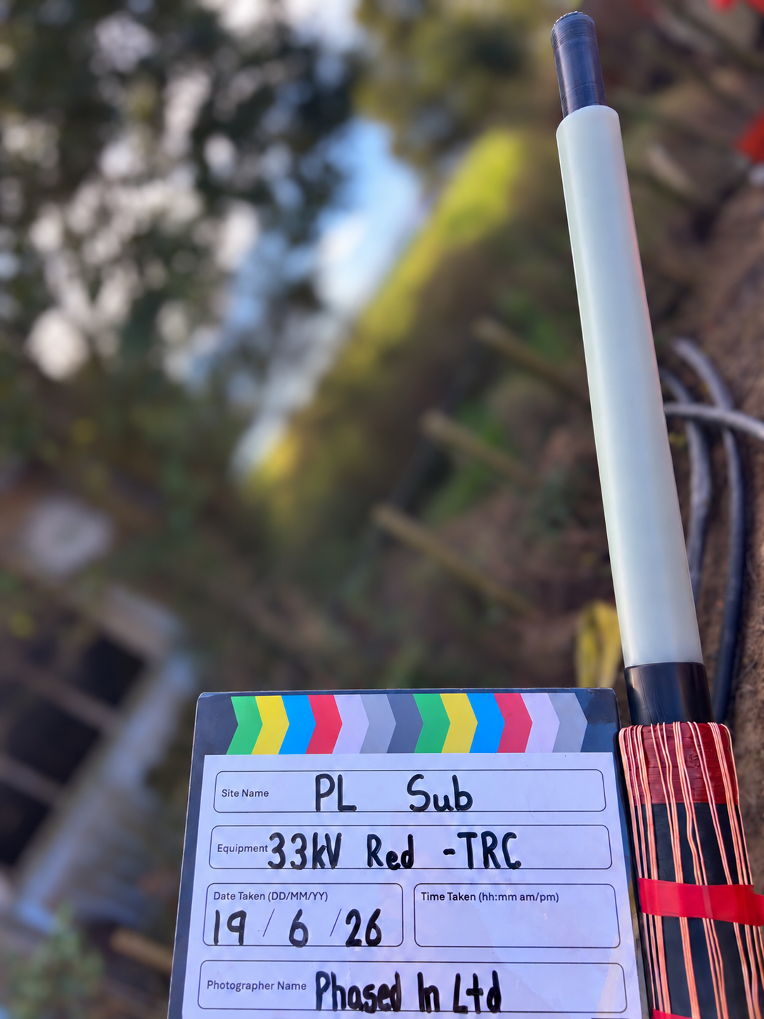 Cable preparation photographed with a whiteboard recording PL Sub, 33kV Red -TRC, 19 June 2026 and Phased In Ltd