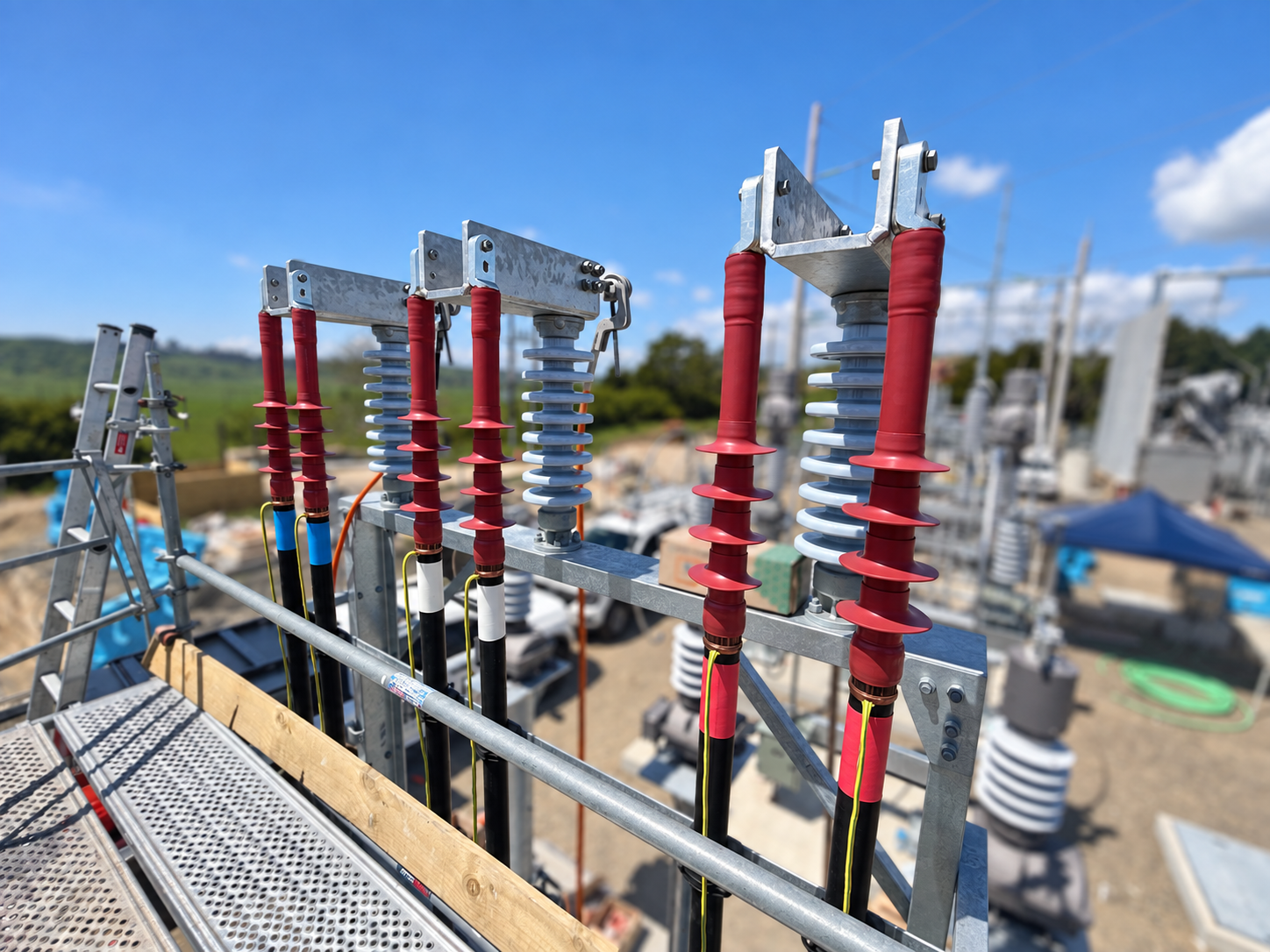 Outdoor cable terminations and supporting equipment at an electrical substation